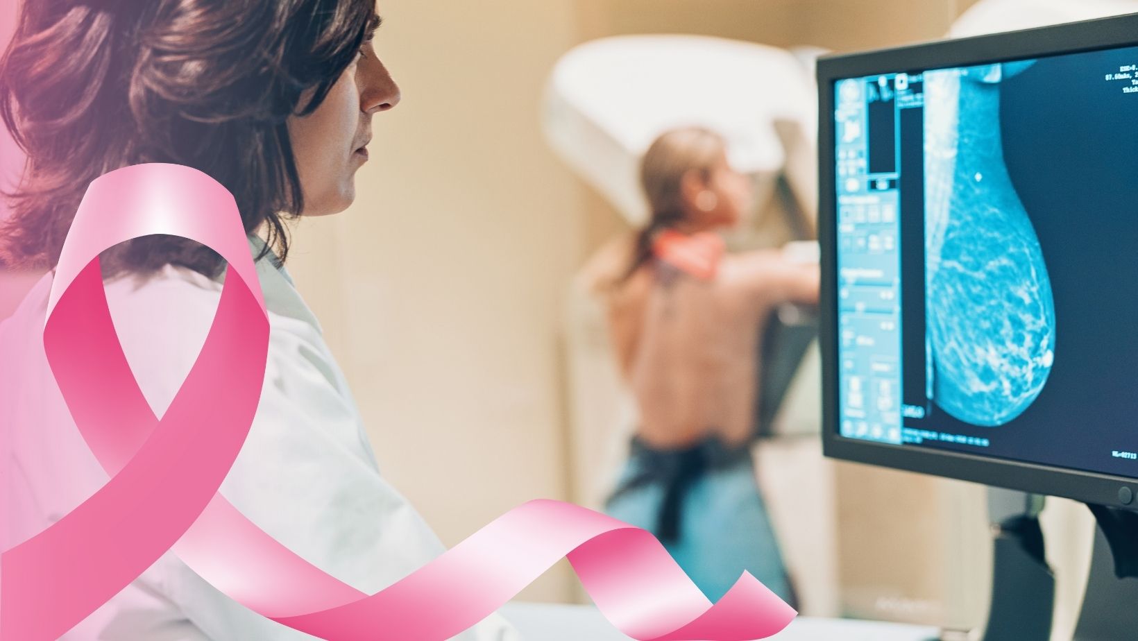 CT Breast Imaging Radiologist with patient and pink Breast Cancer Awareness Month Ribbon overlaying picture